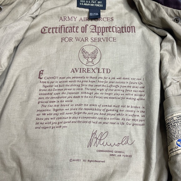 Vintage Avirex A-2 Bomber Flight Jacket USAF Certified USA Beige Cotton Canvas M - Picture 6 of 9